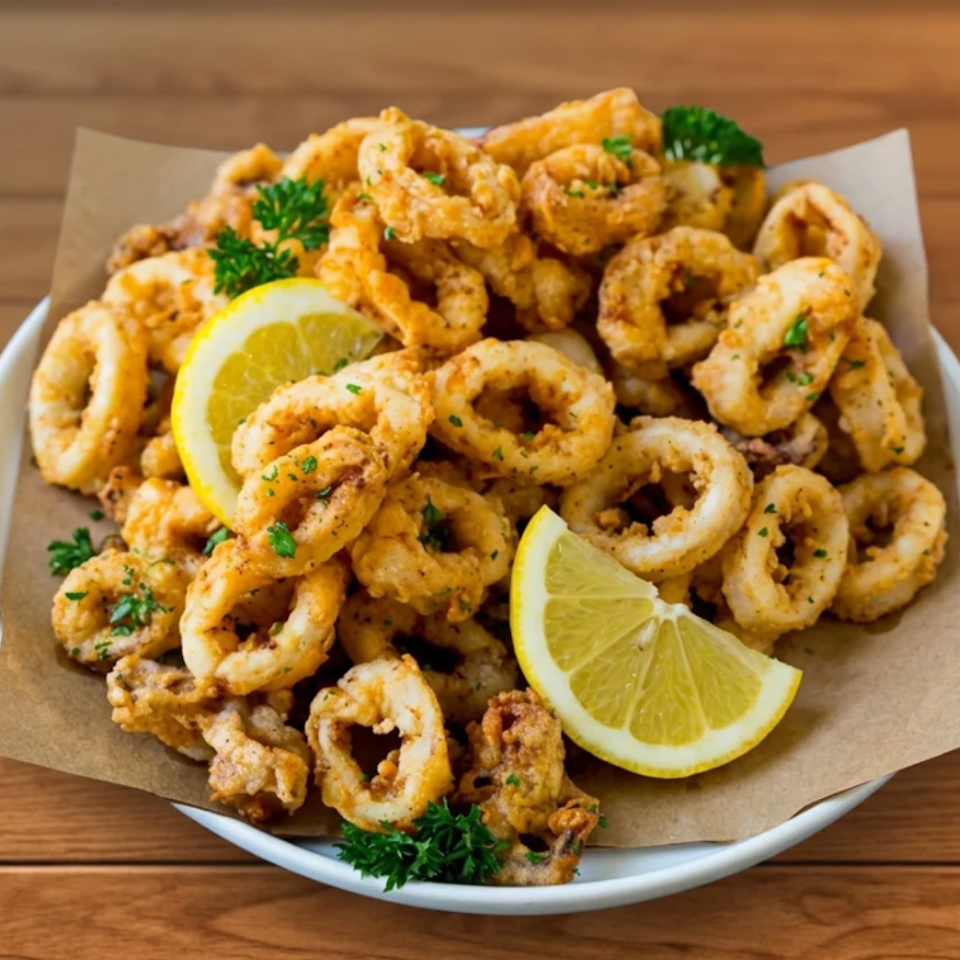 Plate of golden fried calamari rings garnished with parsley and lemon wedges on a wooden table.