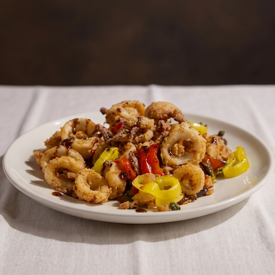 Fried calamari rings with red and yellow peppers, drizzled with a dark sauce on a white plate.