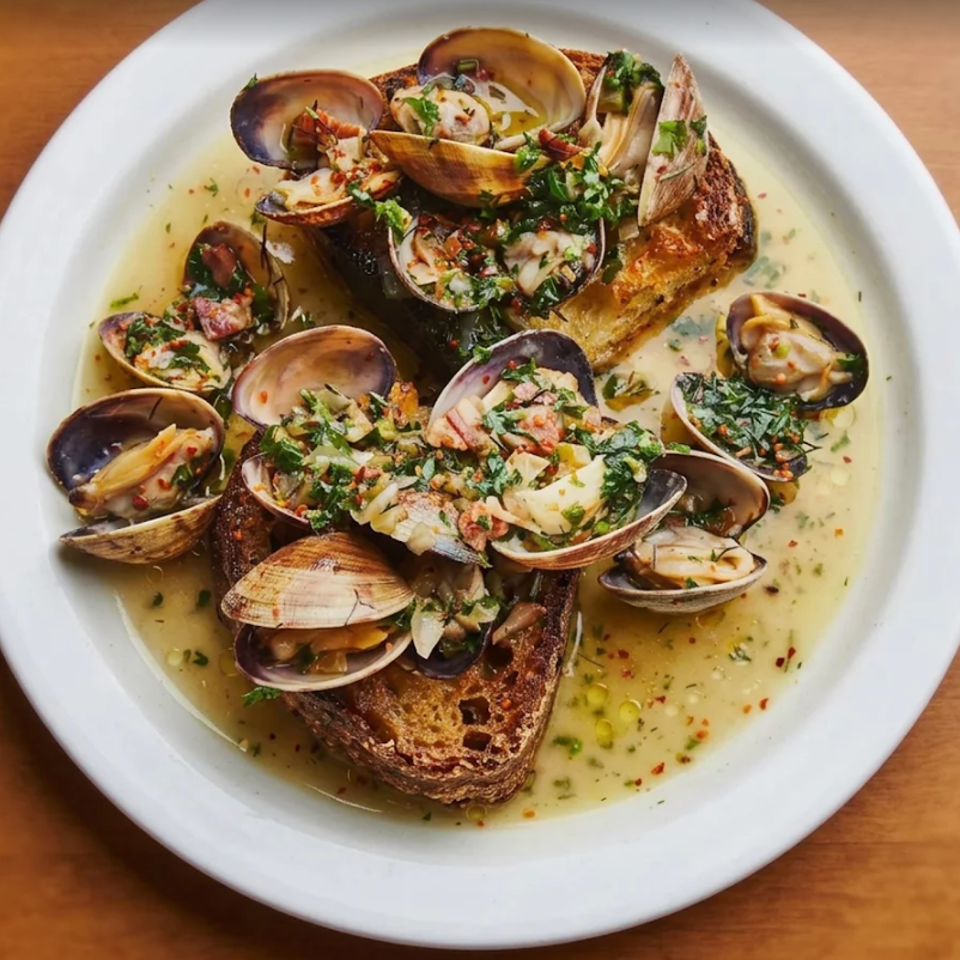 Crispy bread topped with steamed clams, herbs, garlic, and olive oil in a white plate.