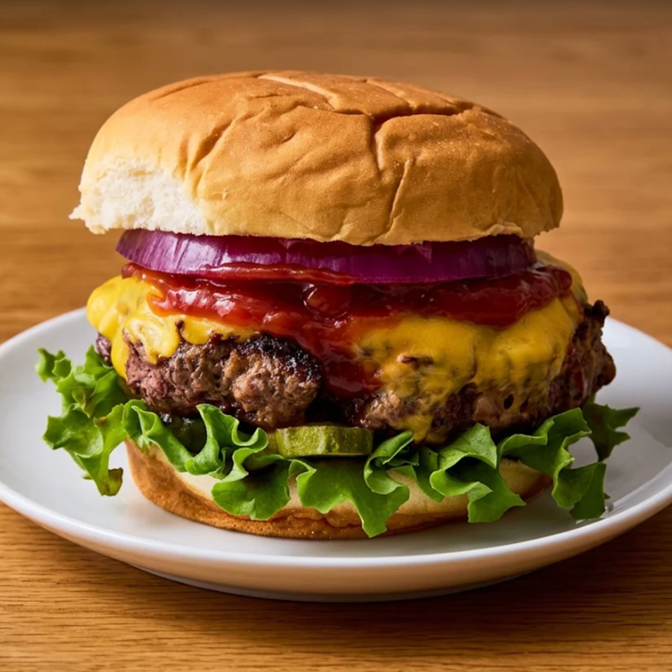 Double cheeseburger with lettuce, pickles, red onion, and tomato sauce on a white plate atop a wooden table.